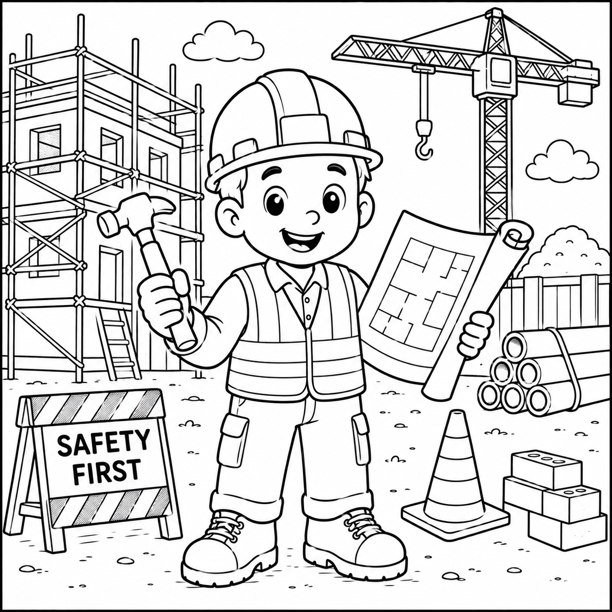 Construction Worker on the Job coloring page wearing hard hat and safety vest, holding hammer and blueprint